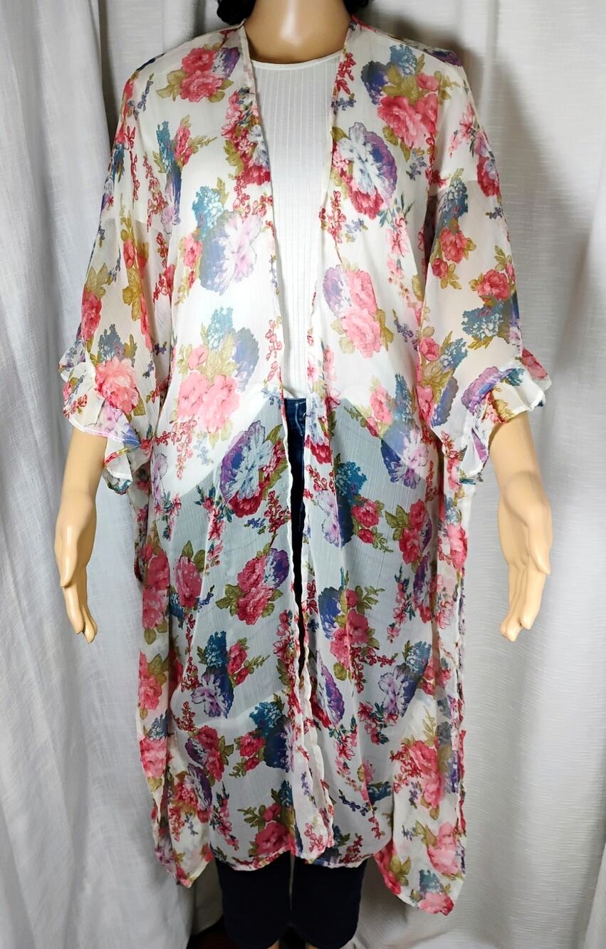 Betsey Johnson Womens Sheer Floral Duster Coverup Open Front Cottagecore